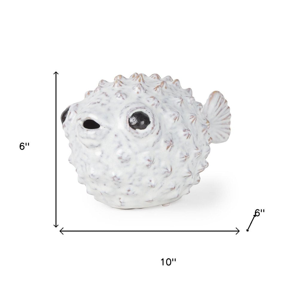 6" White Ceramic Puffer Fish Tabletop Sculpture