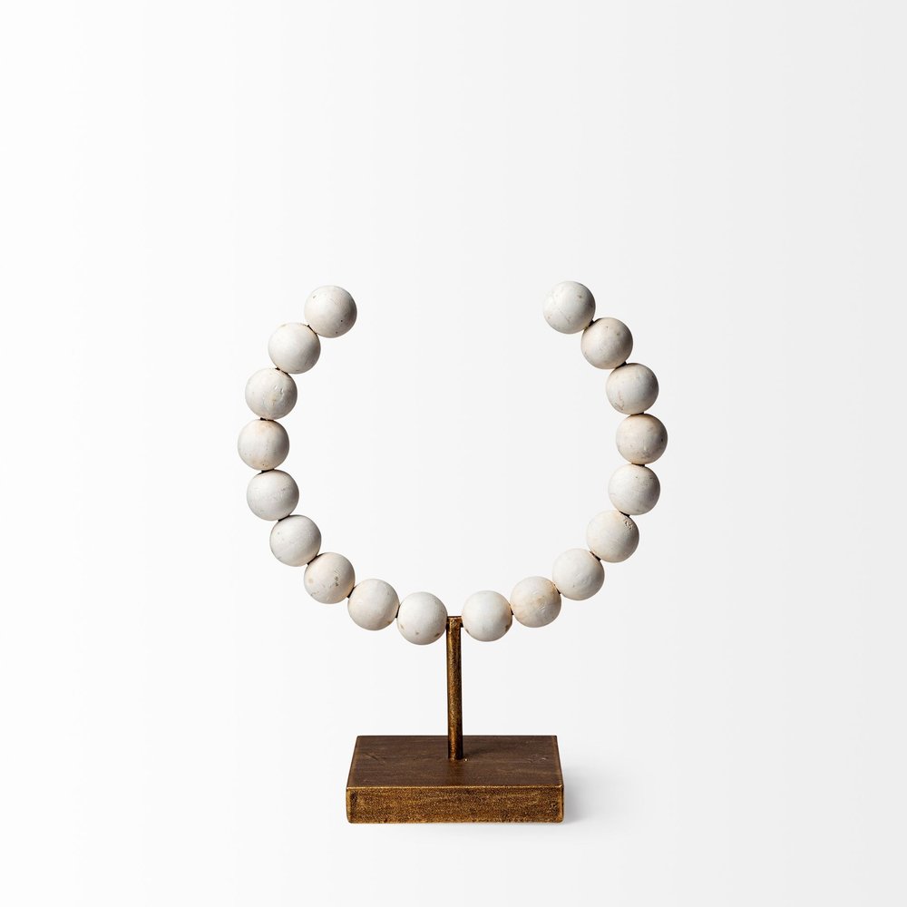 12" White and Gold Wood and Metal Abstract Beaded Tabletop Sculpture