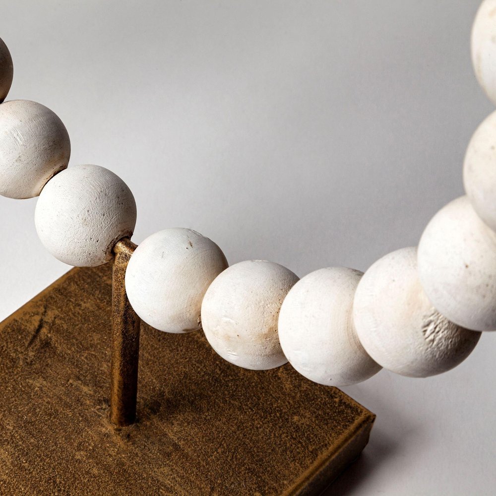 12" White and Gold Wood and Metal Abstract Beaded Tabletop Sculpture