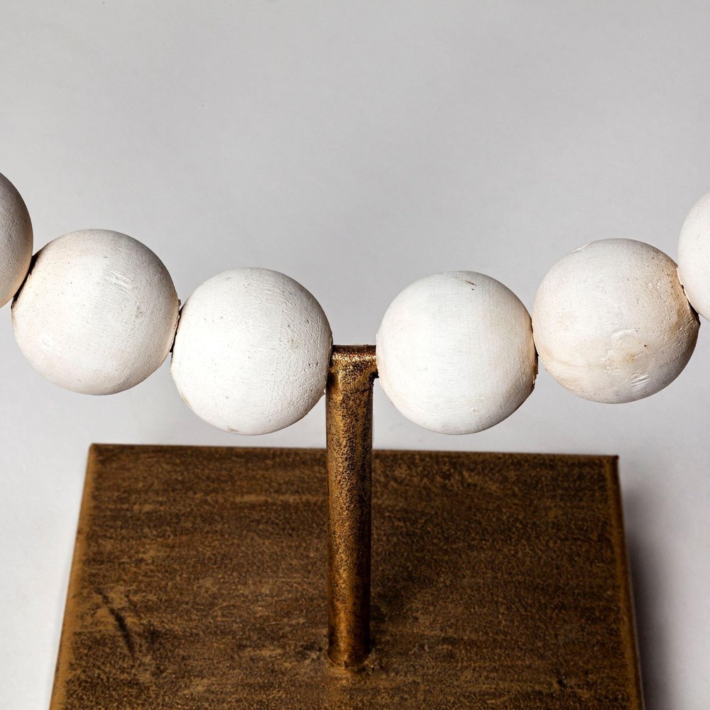 12" White and Gold Wood and Metal Abstract Beaded Tabletop Sculpture