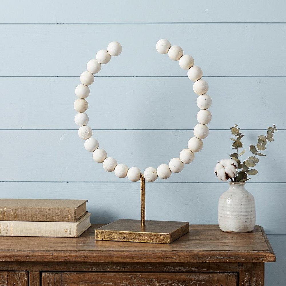 16" White and Gold Wood and Metal Abstract Beaded Tabletop Sculpture