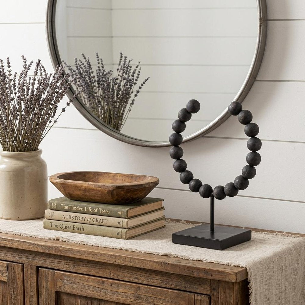 12" Black Wood and Metal Abstract Beaded Tabletop Sculpture