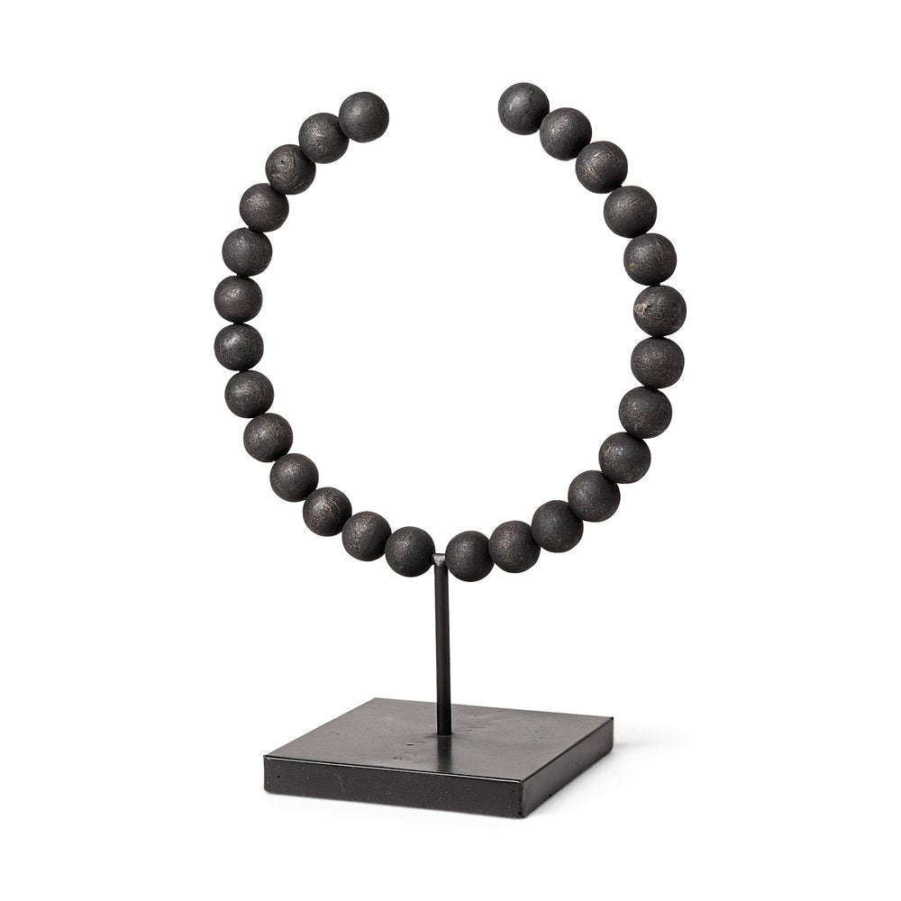 12" Black Wood and Metal Abstract Beaded Tabletop Sculpture