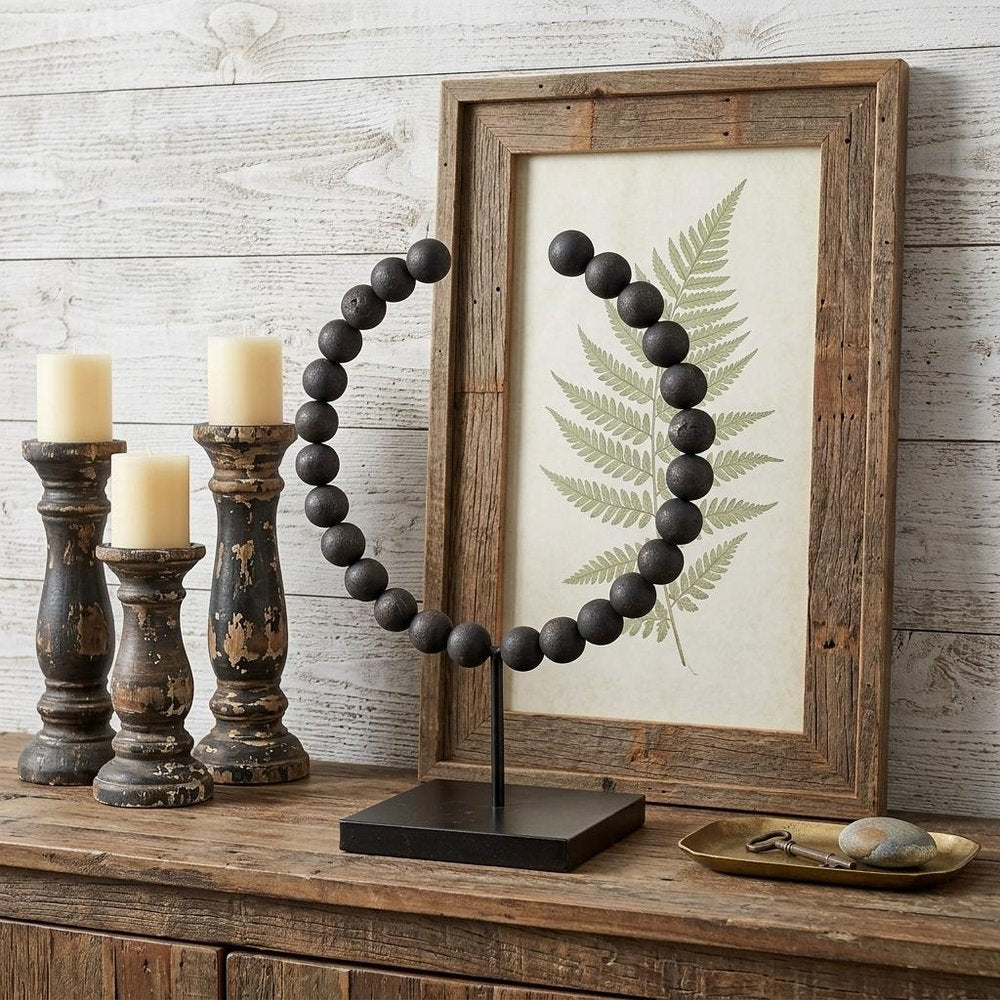12" Black Wood and Metal Abstract Beaded Tabletop Sculpture
