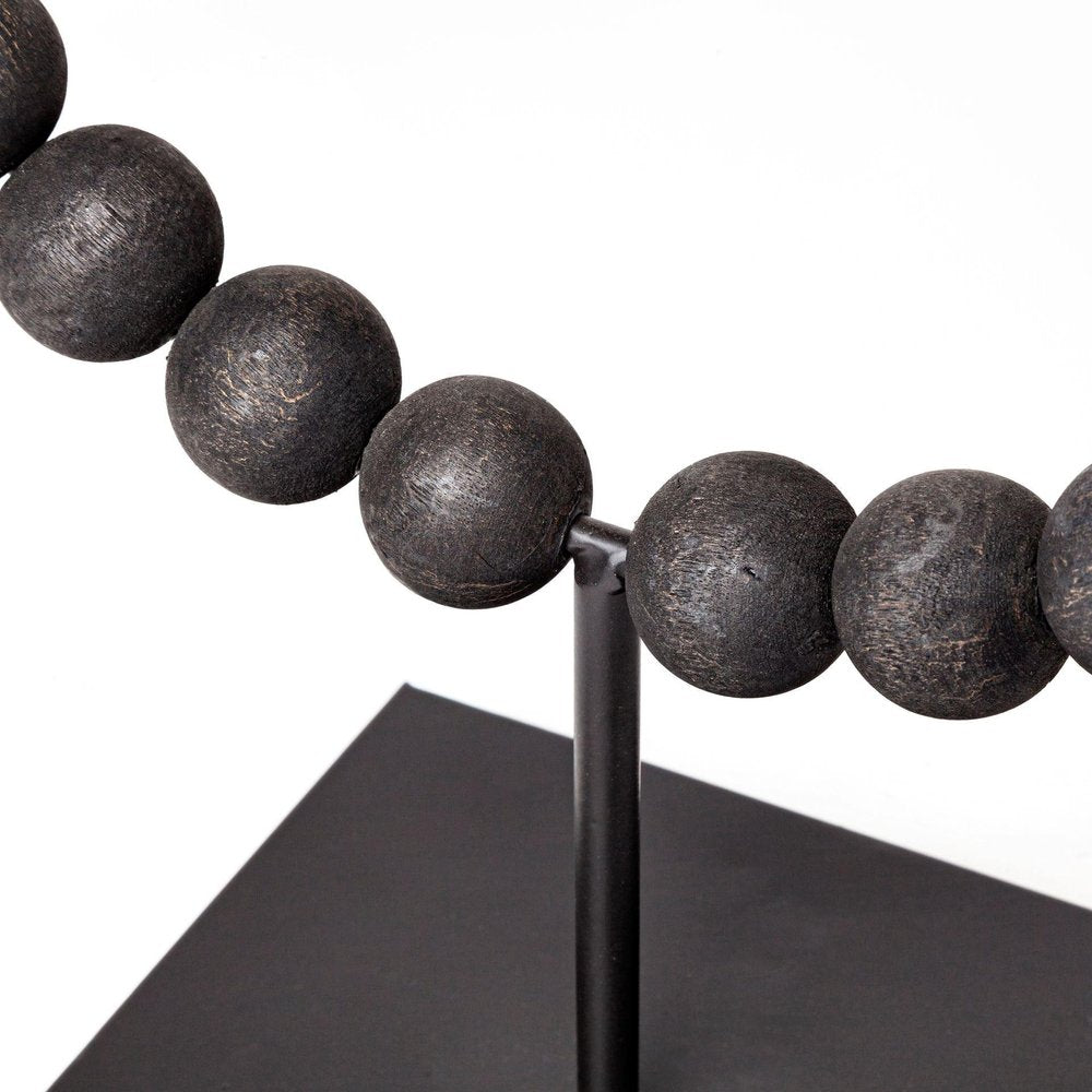12" Black Wood and Metal Abstract Beaded Tabletop Sculpture