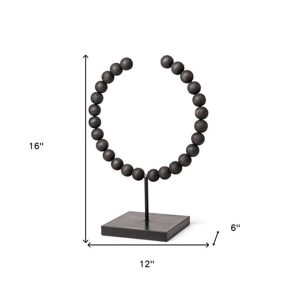 12" Black Wood and Metal Abstract Beaded Tabletop Sculpture