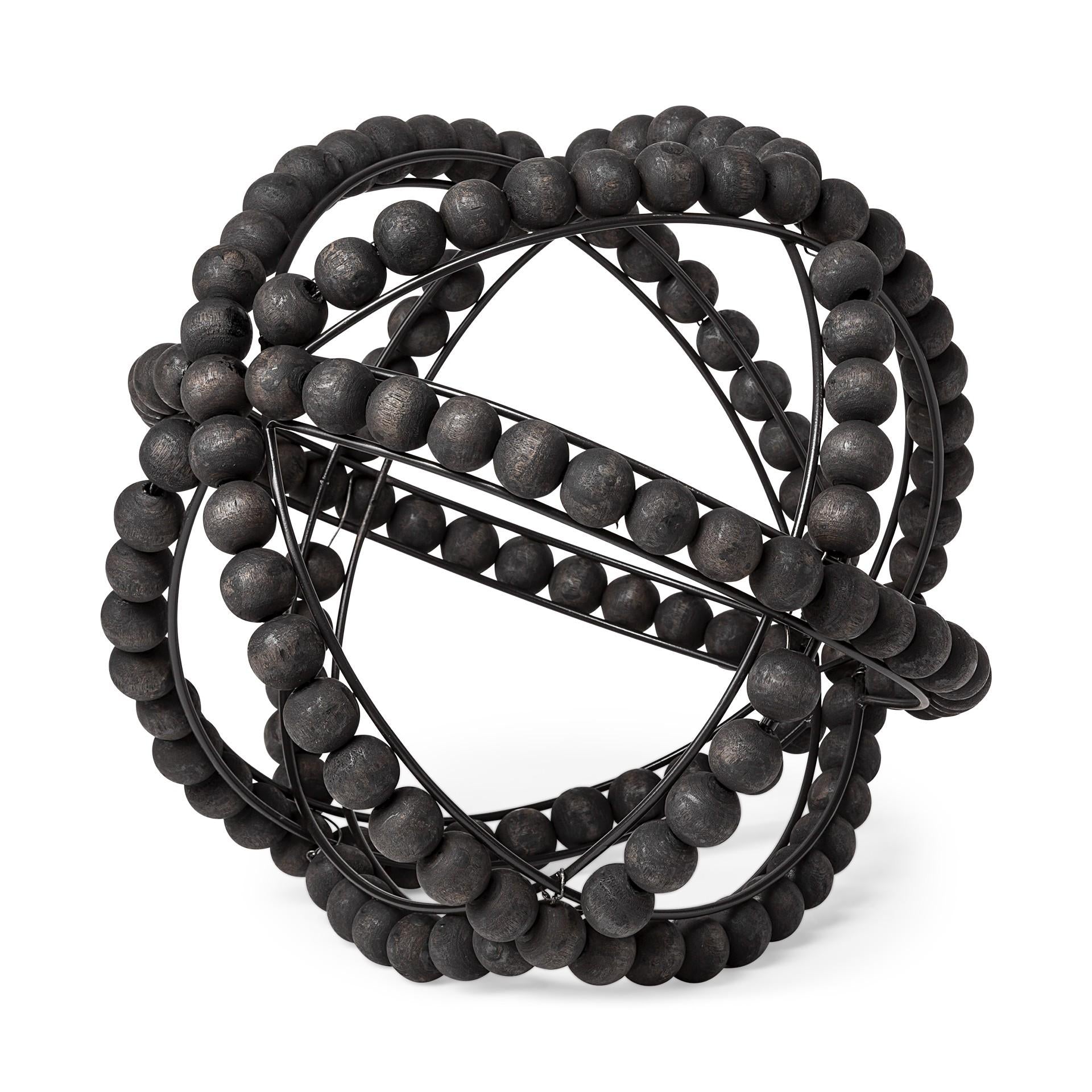 12" Black Wood Bead And Metal Decorative Orb Sculpture