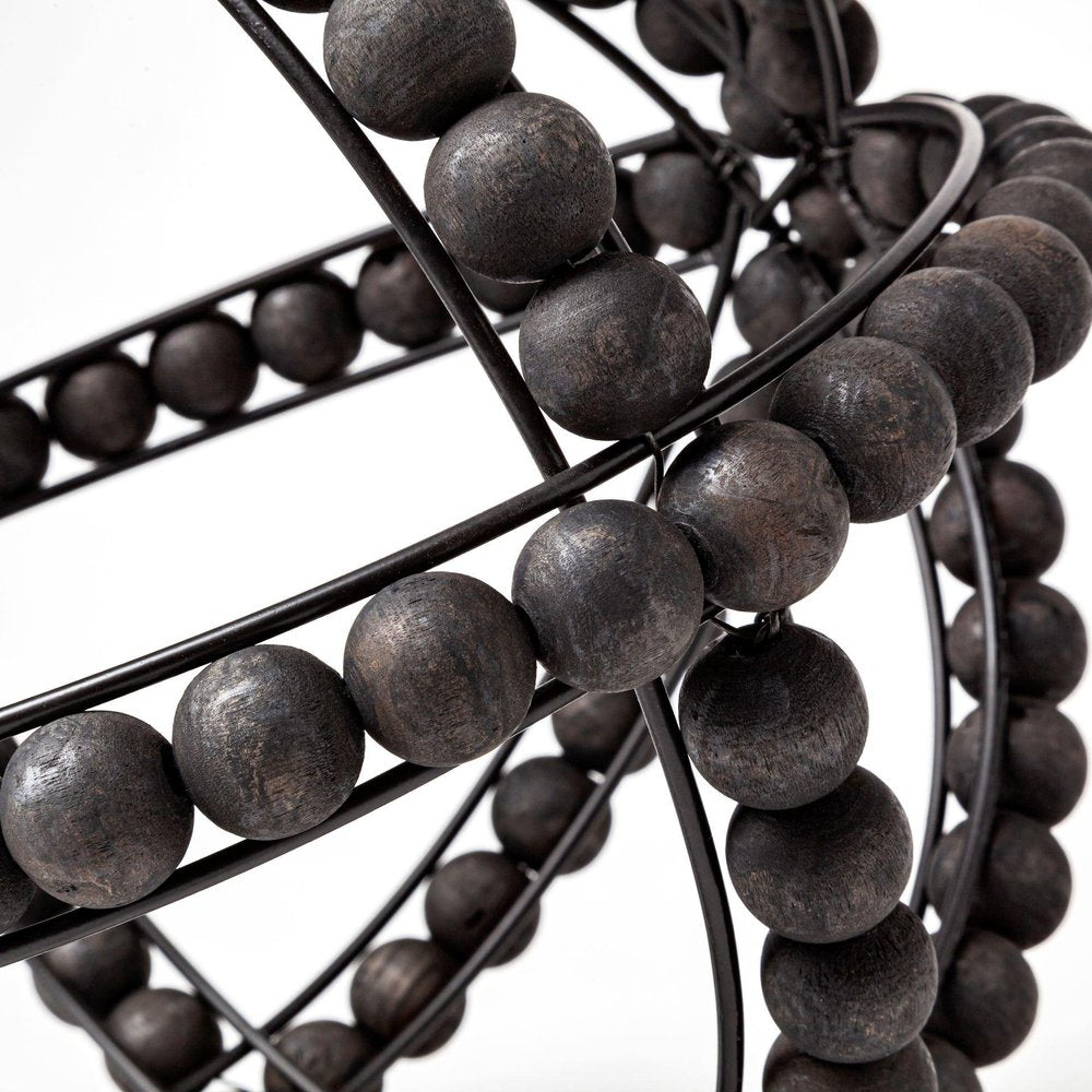 12" Black Wood Bead And Metal Decorative Orb Sculpture