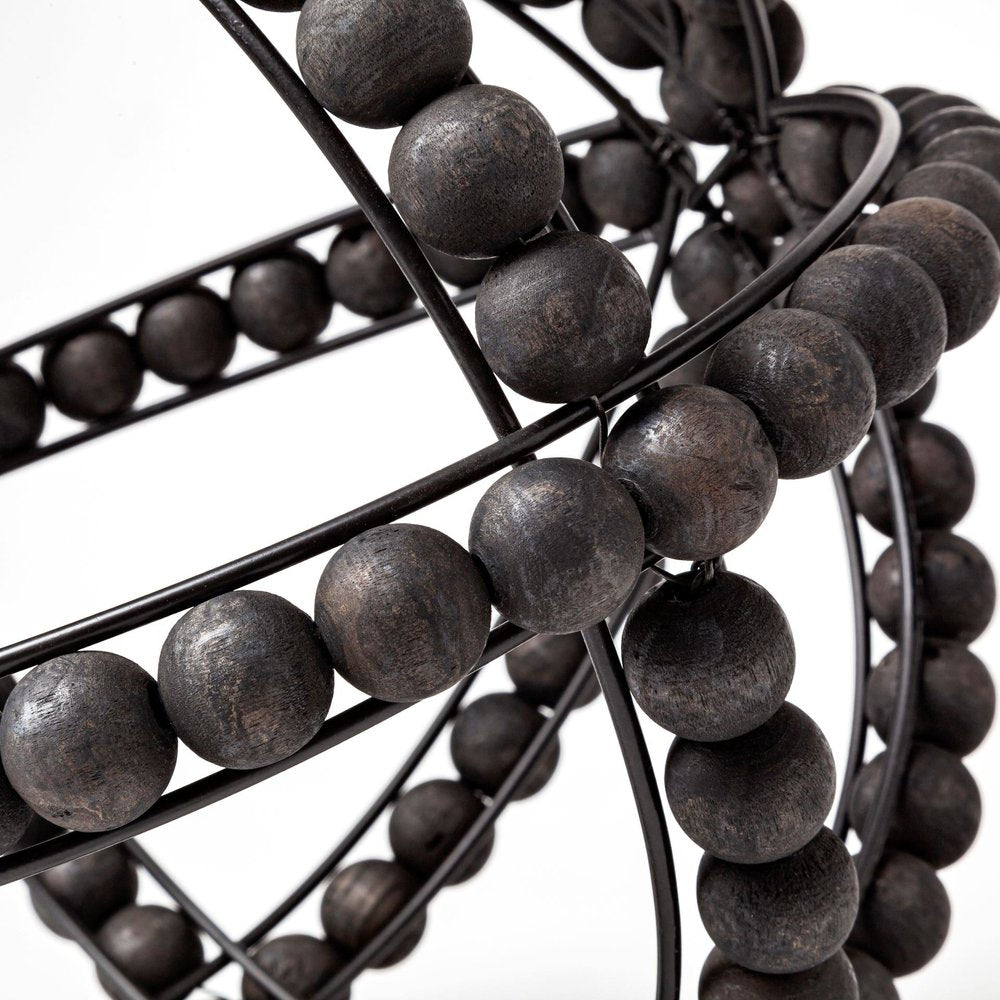 12" Black Wood Bead And Metal Decorative Orb Sculpture