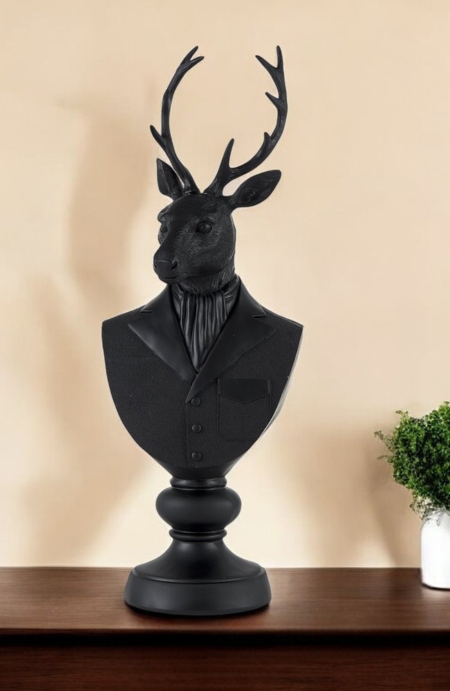 23" Black Polyresin Suited Deer Bust Tabletop Sculpture