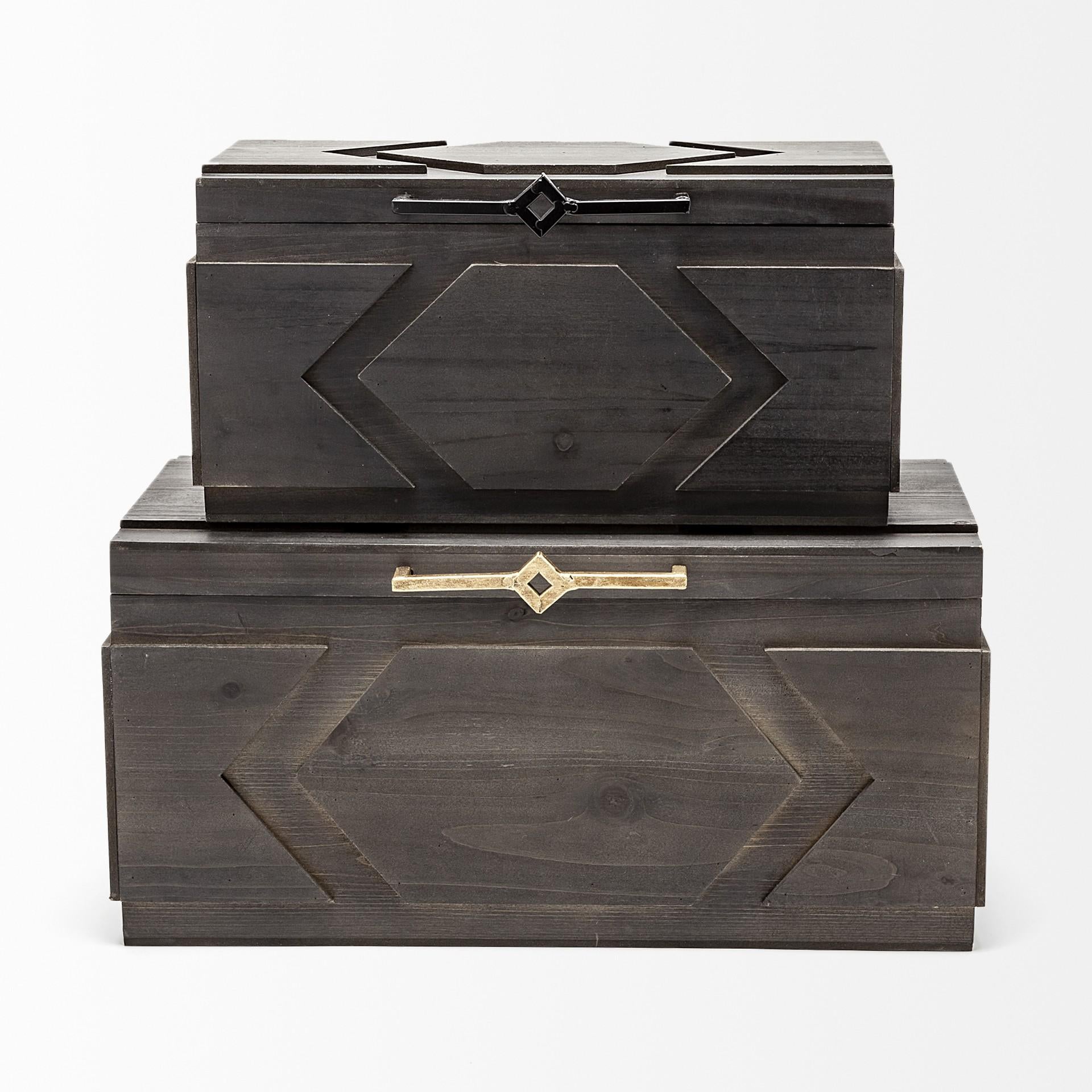 Set of Two Brown Solid Wood Box With Lid