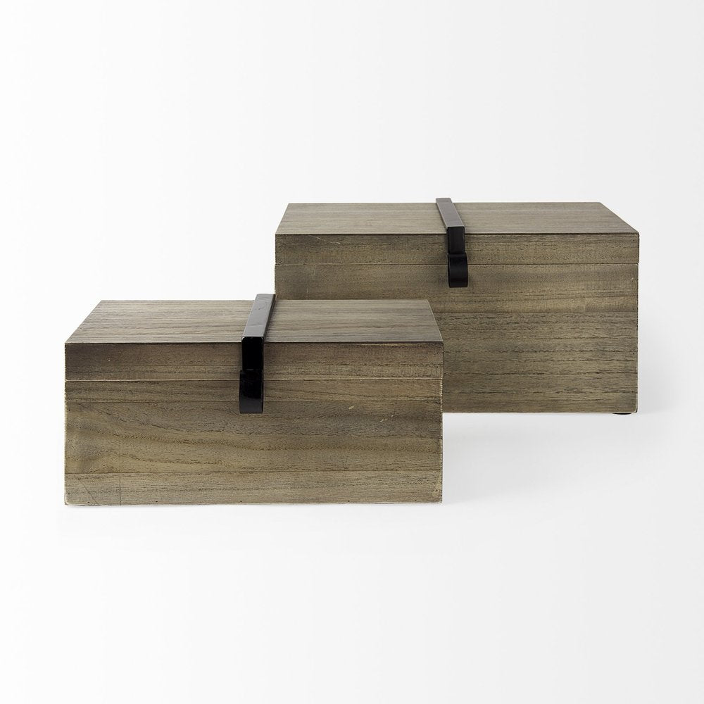 Set of Two Brown Solid Wood Box With Lid