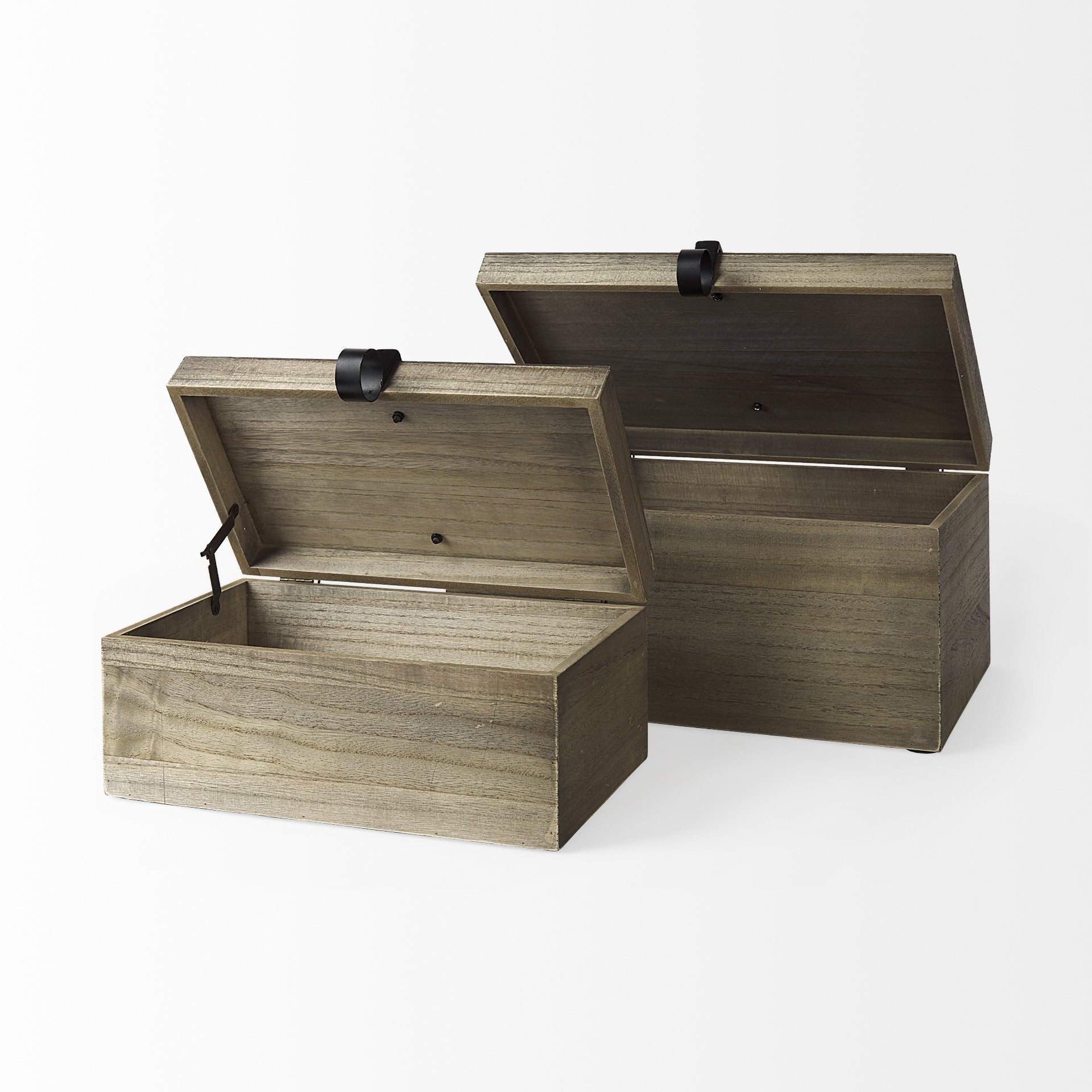 Set Of Two Brown Wooden Boxes With Metal Detailing