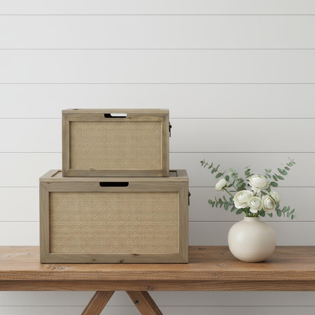 Set of Two Brown And Natural Cane And Solid Wood Box With Lid