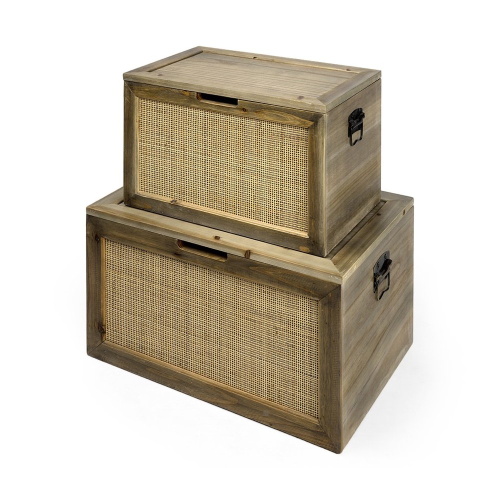 Set of Two Brown And Natural Cane And Solid Wood Box With Lid