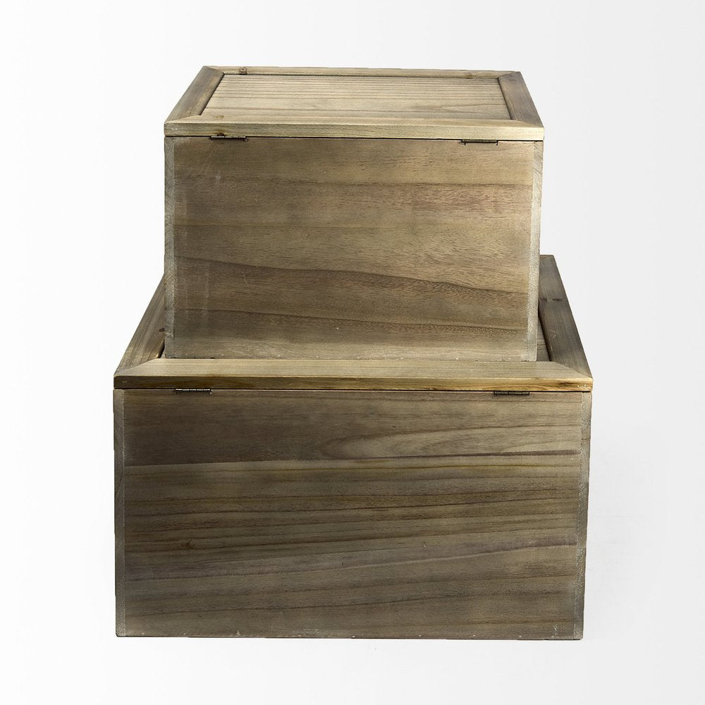 Set of Two Brown And Natural Cane And Solid Wood Box With Lid