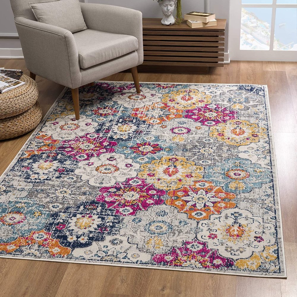 10' Blue And Ivory Floral Runner Rug