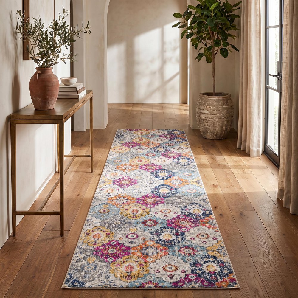 10' Blue And Ivory Floral Runner Rug