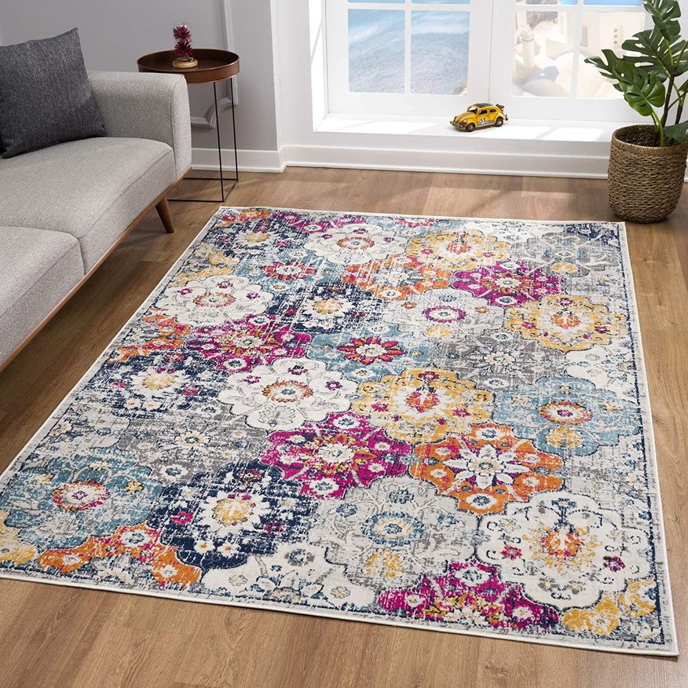 10' Blue And Ivory Floral Runner Rug