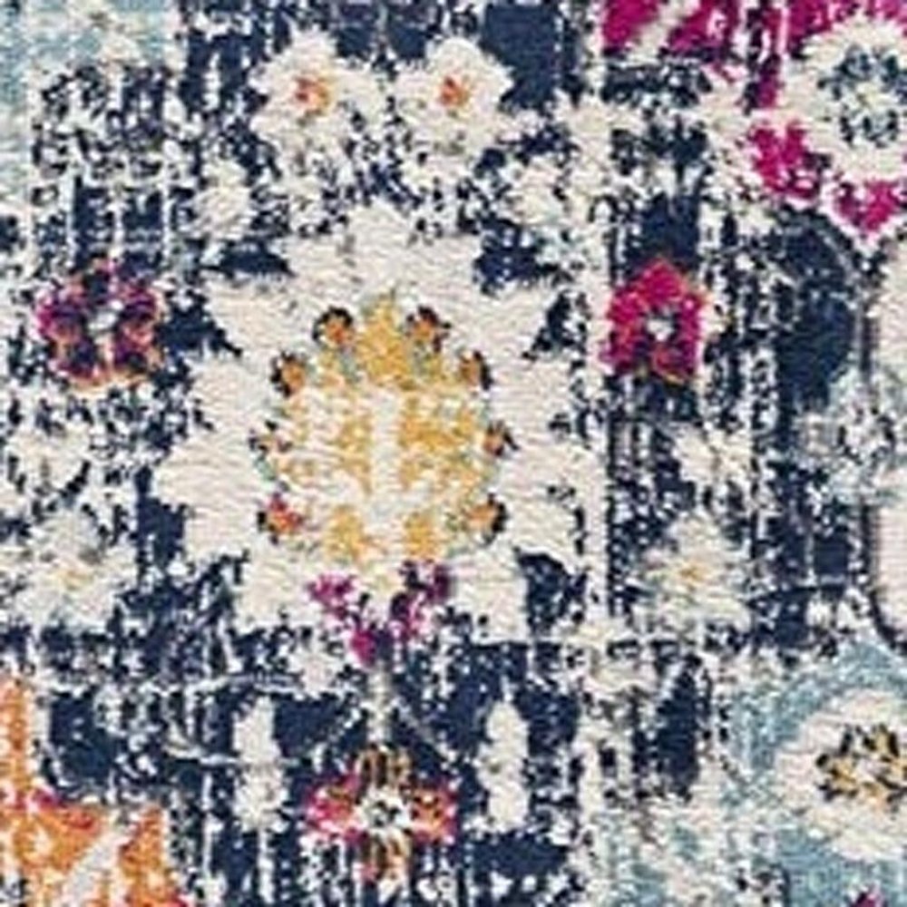 10' Blue And Ivory Floral Runner Rug