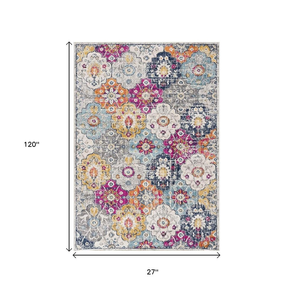 10' Blue And Ivory Floral Runner Rug