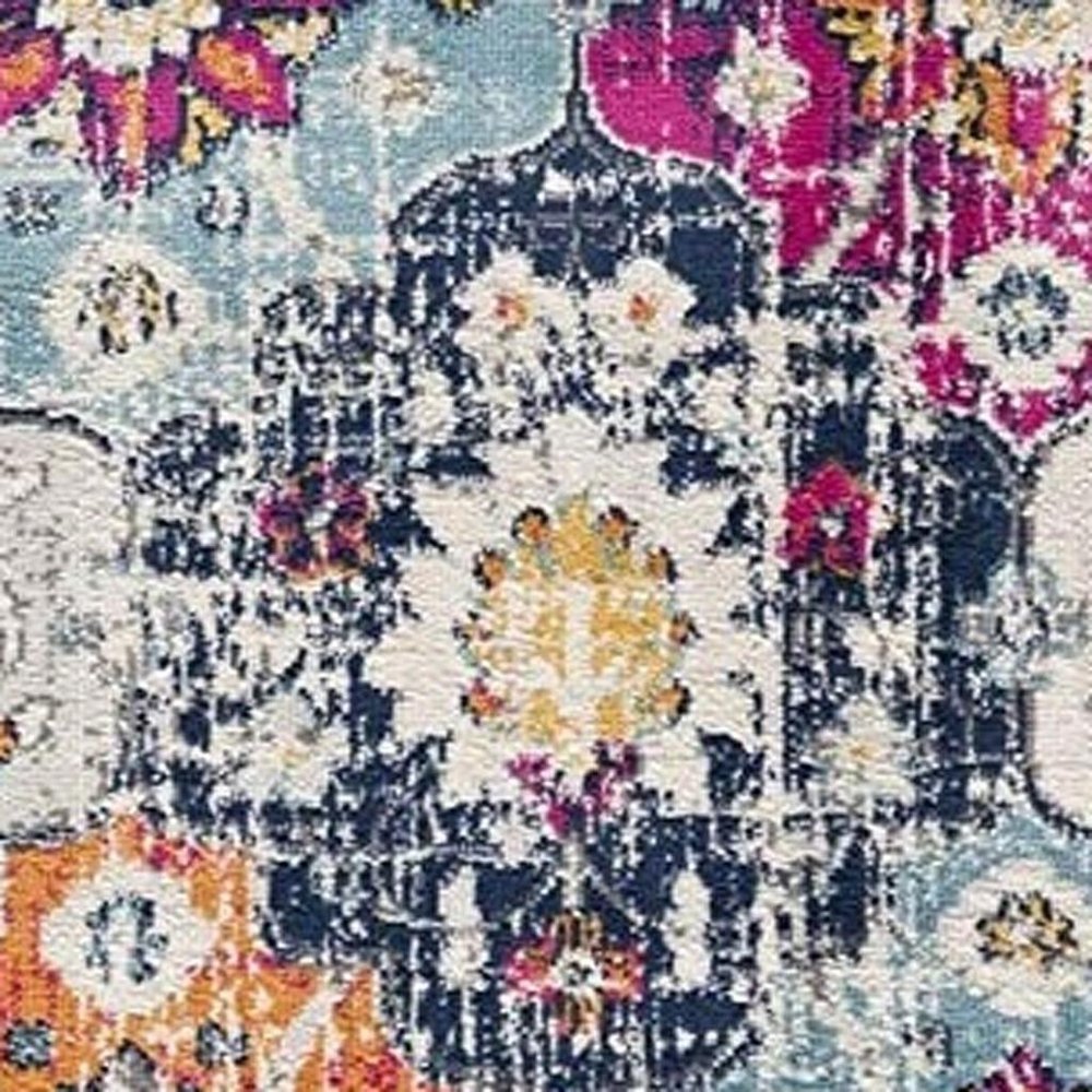 10' Blue And Ivory Floral Runner Rug