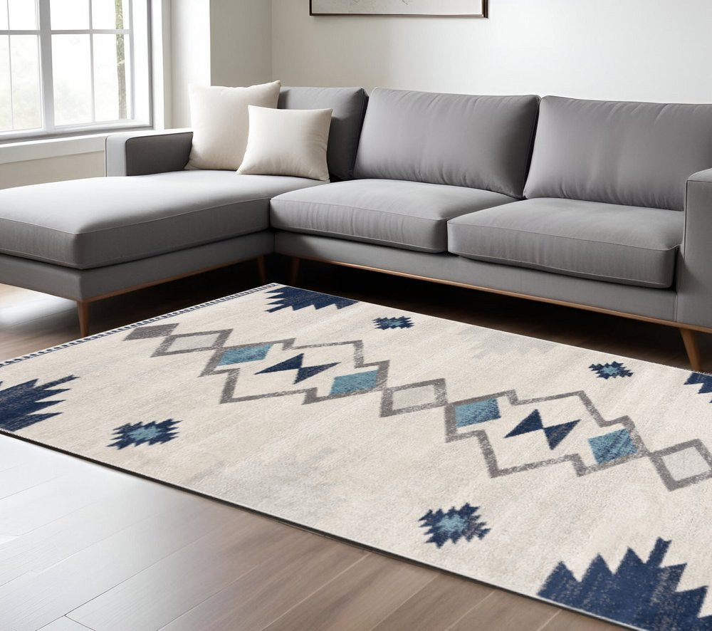9' X 13' Blue And Ivory Southwestern Shag Area Rug