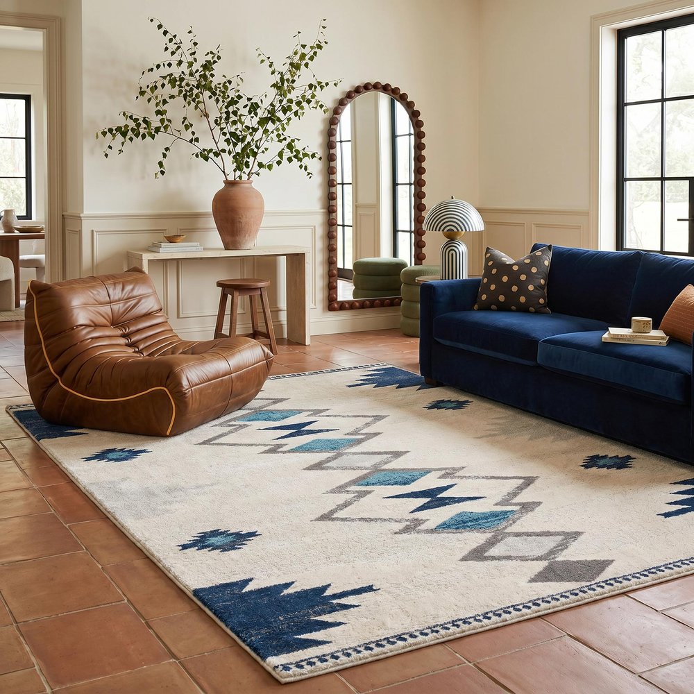 9' X 13' Blue And Ivory Southwestern Shag Area Rug