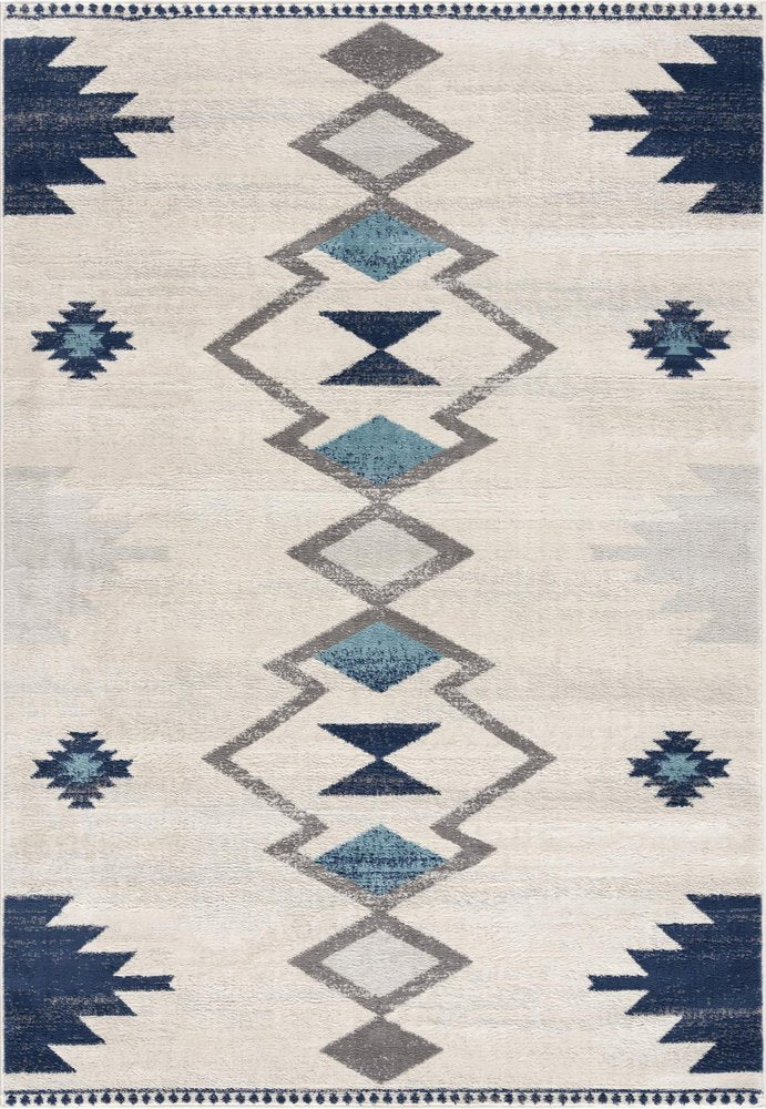 9' X 13' Blue And Ivory Southwestern Shag Area Rug