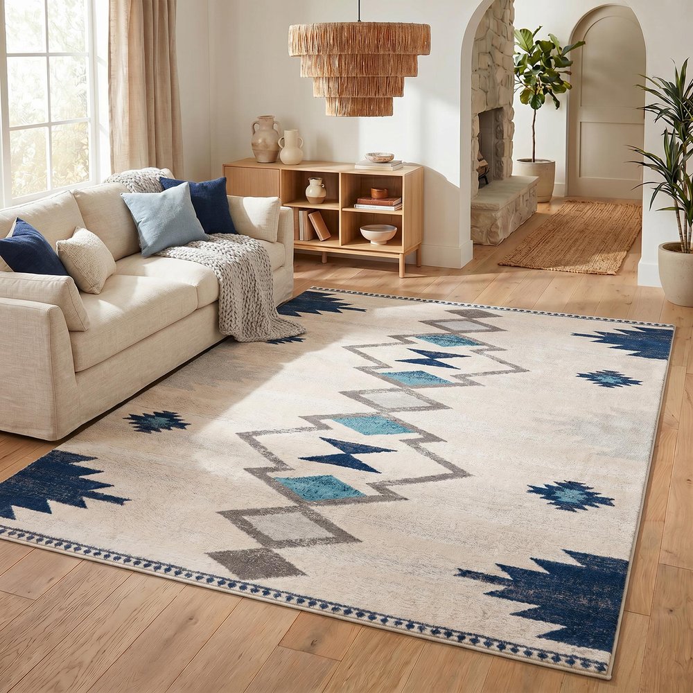 9' X 13' Blue And Ivory Southwestern Shag Area Rug