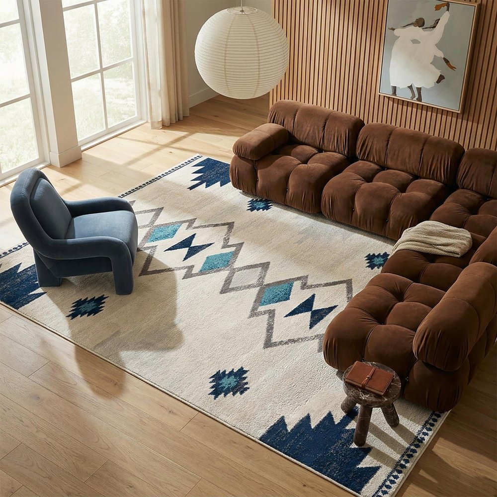 9' X 13' Blue And Ivory Southwestern Shag Area Rug