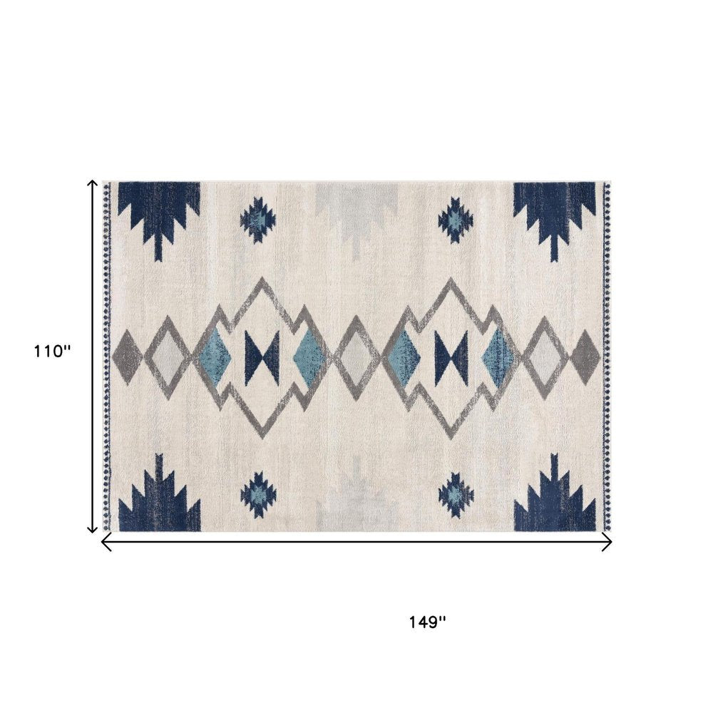 9' X 13' Blue And Ivory Southwestern Shag Area Rug