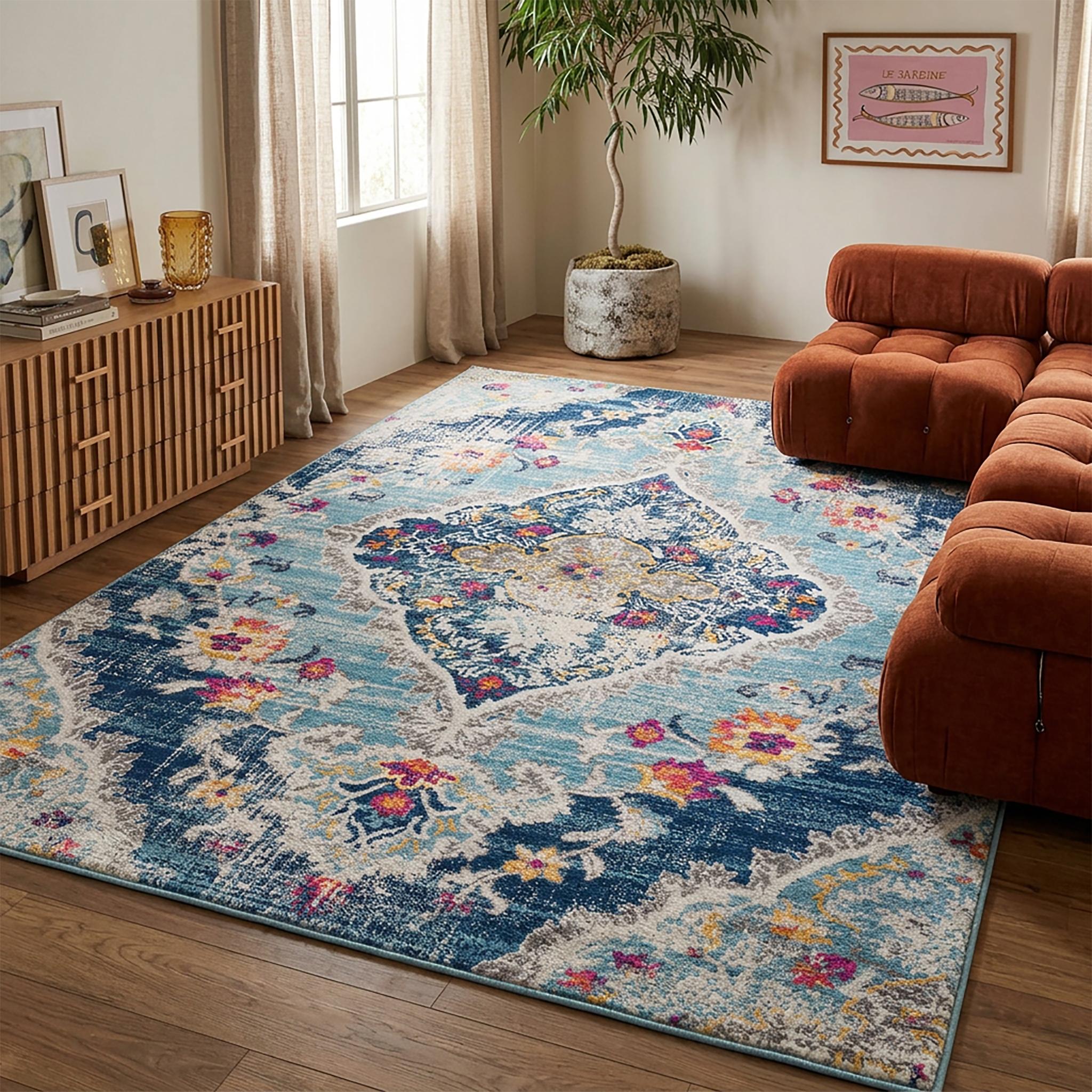 12' X 18' Blue Oriental Washable Non Skid Area Rug