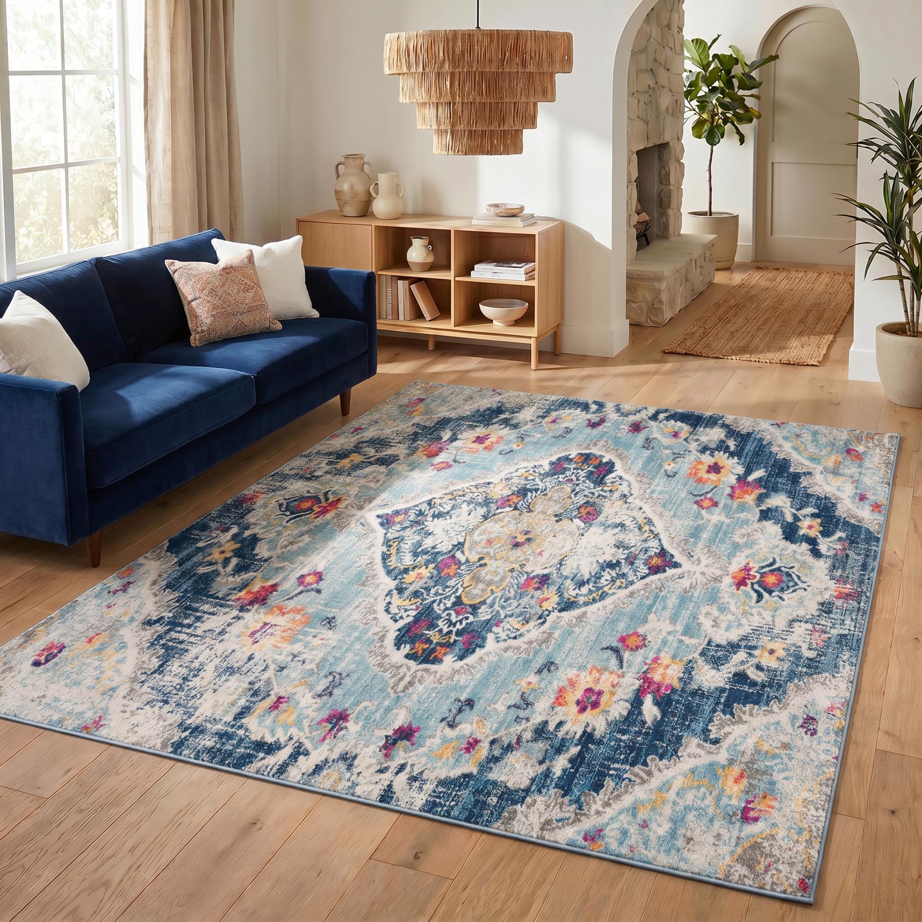 12' X 18' Blue Oriental Washable Non Skid Area Rug