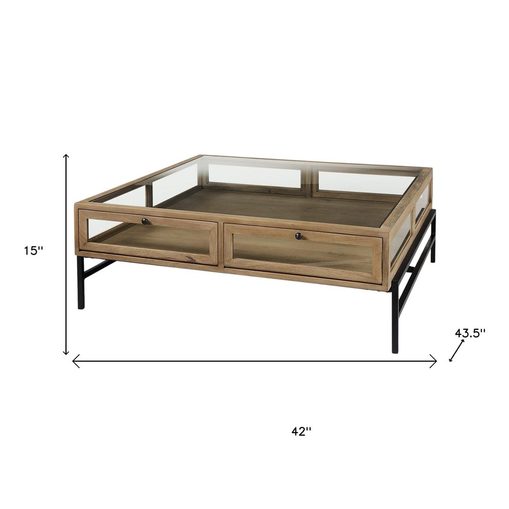 42" Clear and Black Glass and Metal Square Coffee Table With Two Drawers And Shelf