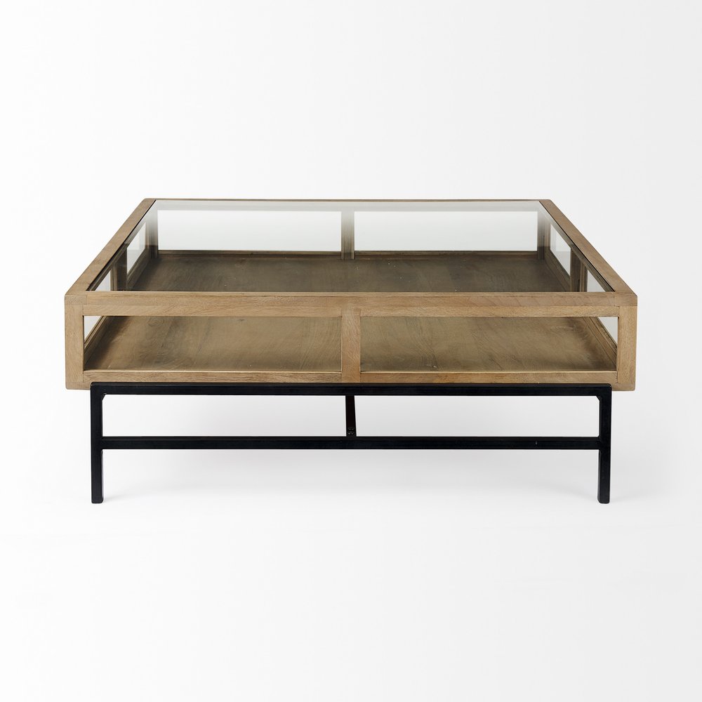 42" Clear and Black Glass and Metal Square Coffee Table With Two Drawers And Shelf