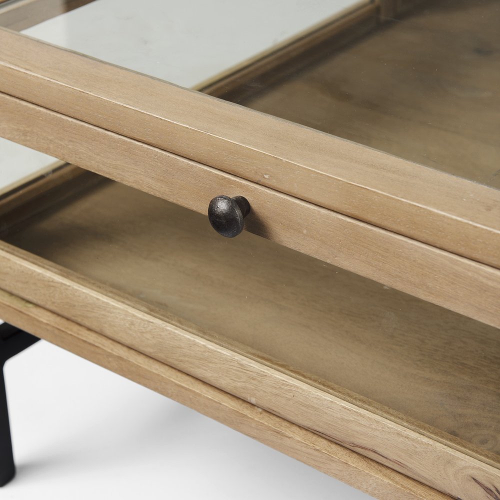 42" Clear and Black Glass and Metal Square Coffee Table With Two Drawers And Shelf