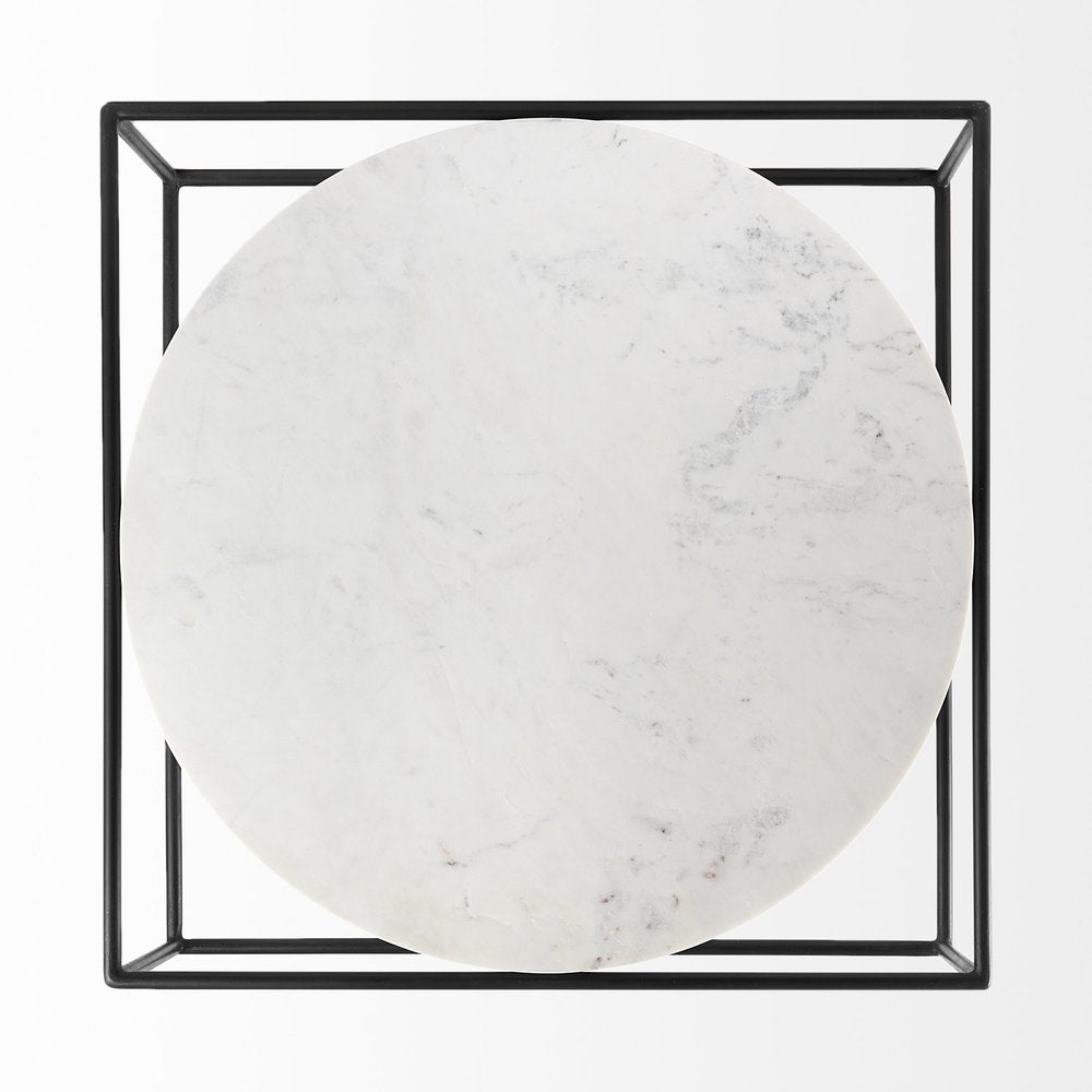 36" White and Black Genuine Marble and Metal Square Frame Coffee Table