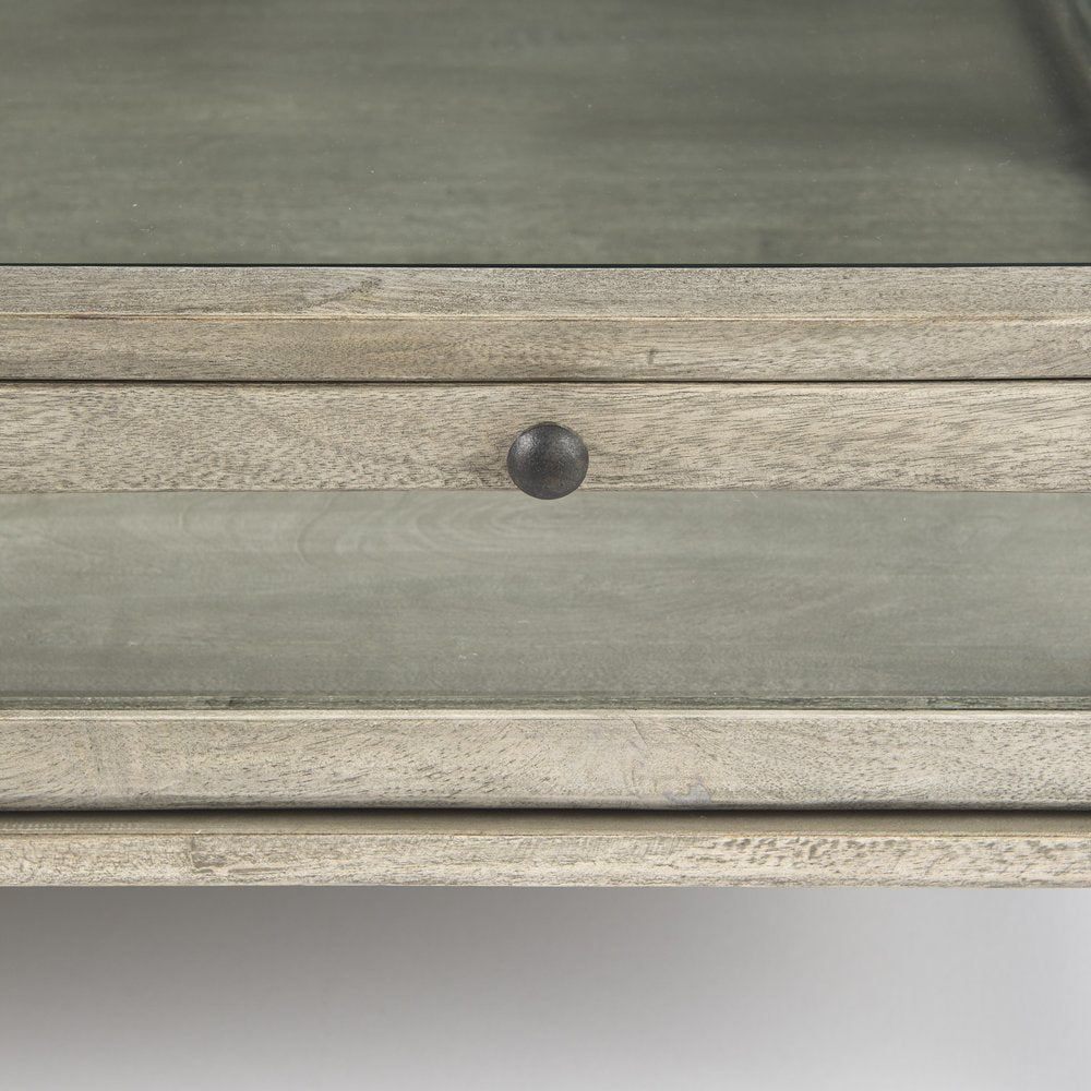 42" Gray and Black Glass and Metal Square Coffee Table With Shelf