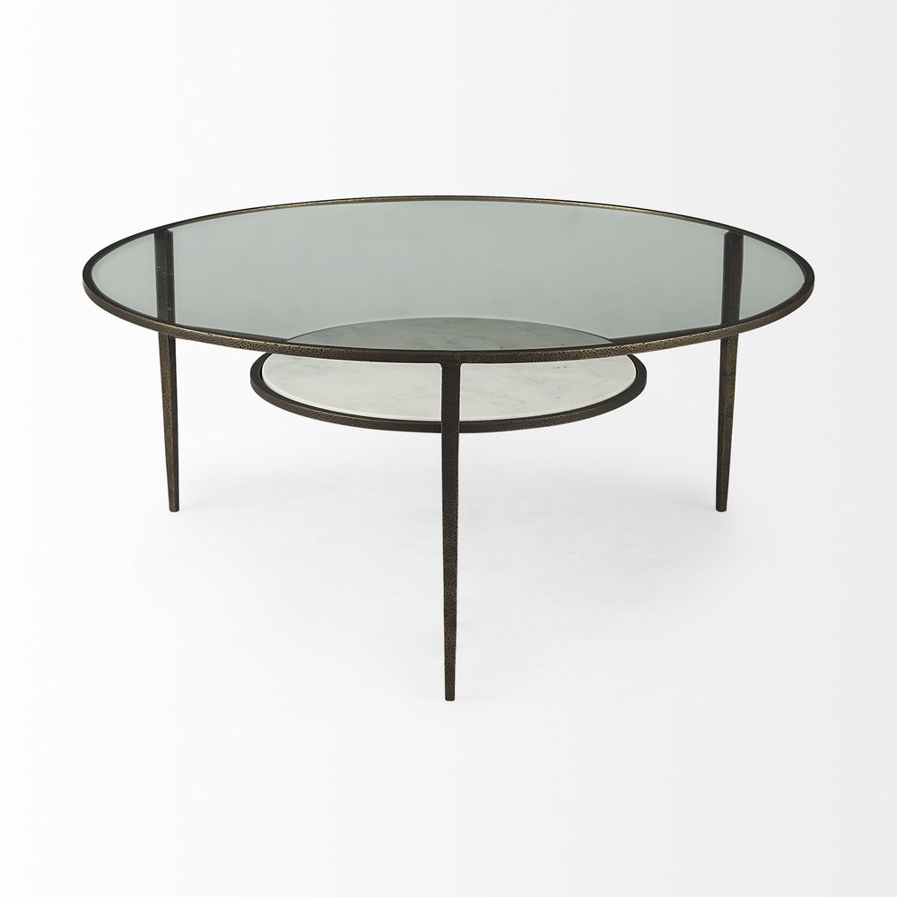 36" Clear and Bronze Glass and Metal Round Coffee Table With Shelf