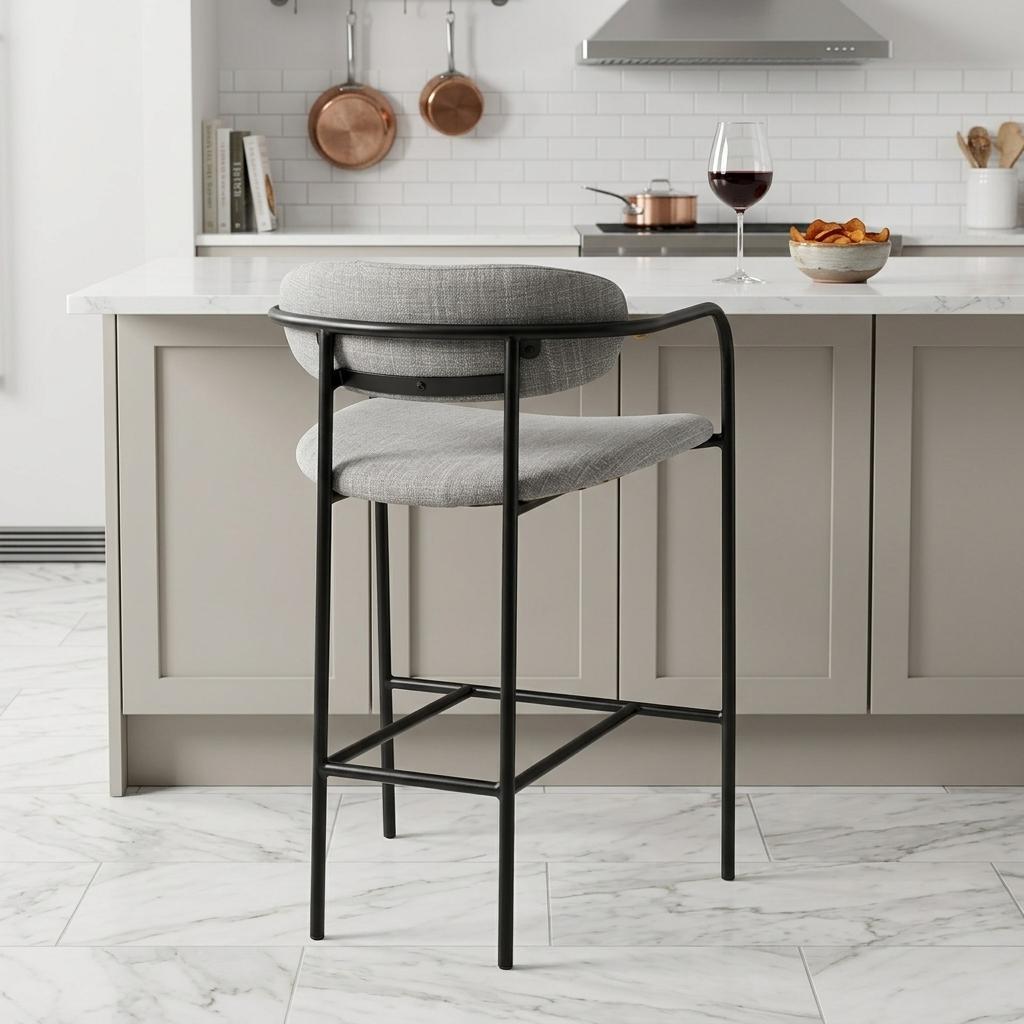 27" Gray And Black Fabric And Metal Counter Height Bar Chair