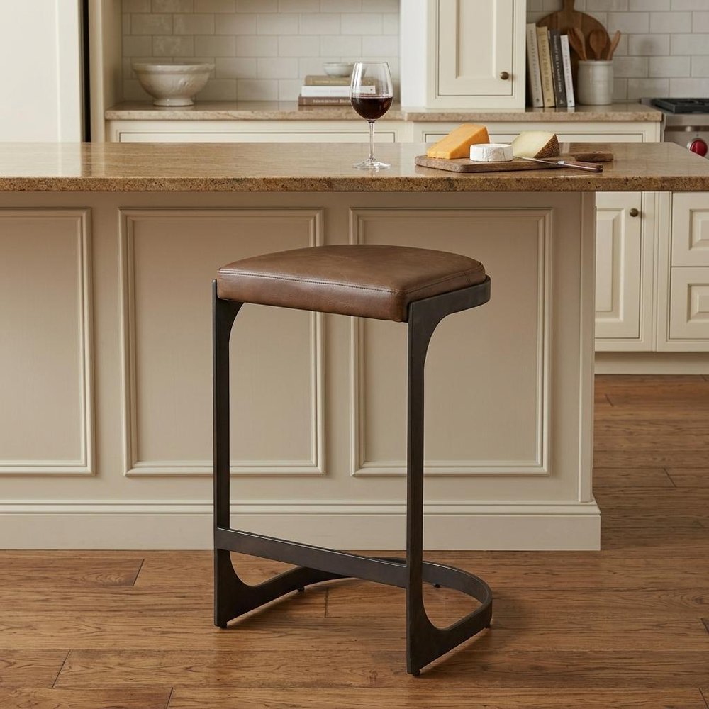 29" Brown And Black Leather And Genuine Leather And Metal Backless Counter Height Bar Chair