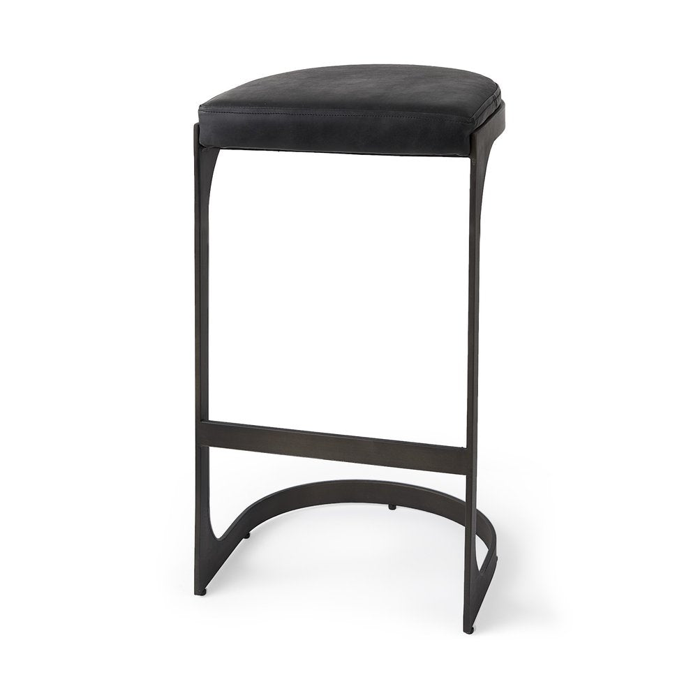 35" Black Leather and Metal Backless Bar Chair