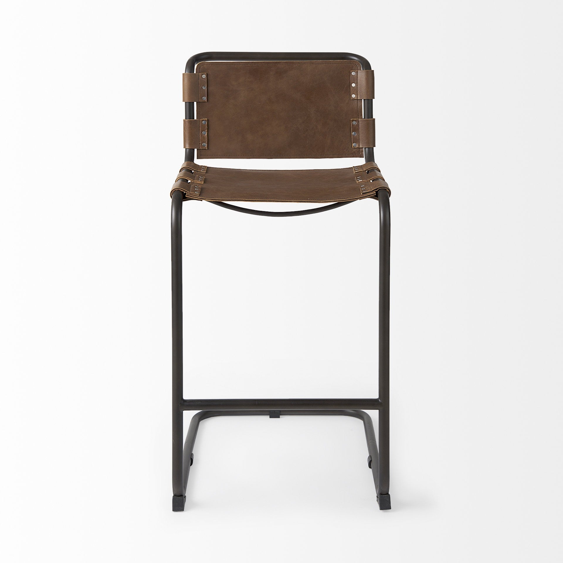 35" Brown And Black Leather And Metal Bar Height Bar Chair