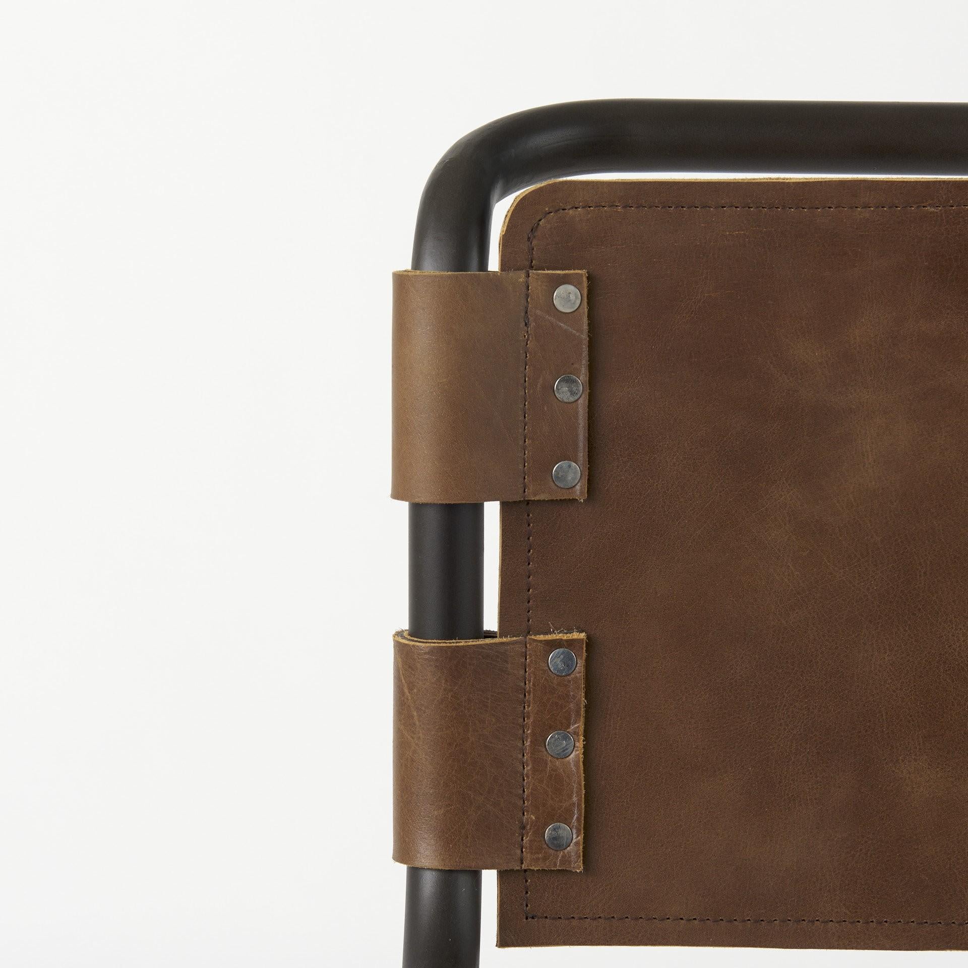 35" Brown And Black Leather And Metal Bar Height Bar Chair