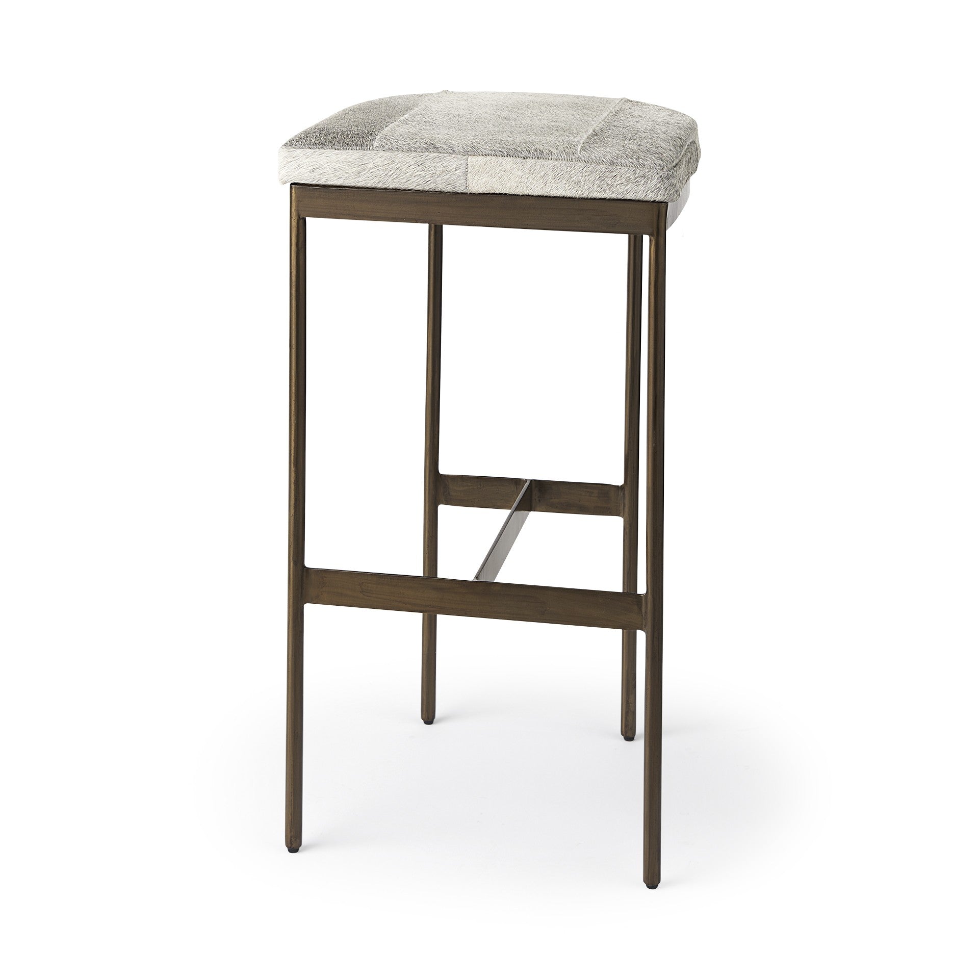 35" Gray And Gold Leather And Hair on Hide Leather And Metal Backless Counter Height Bar Chair