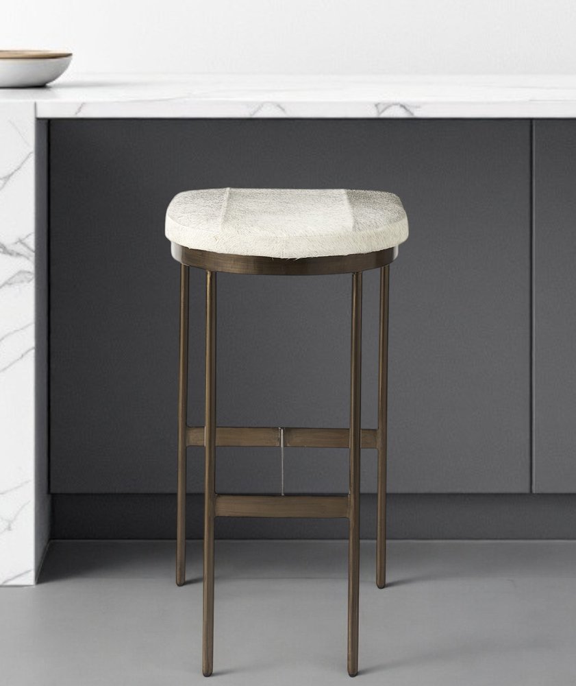 35" Gold Leather and Metal Backless Bar Chair