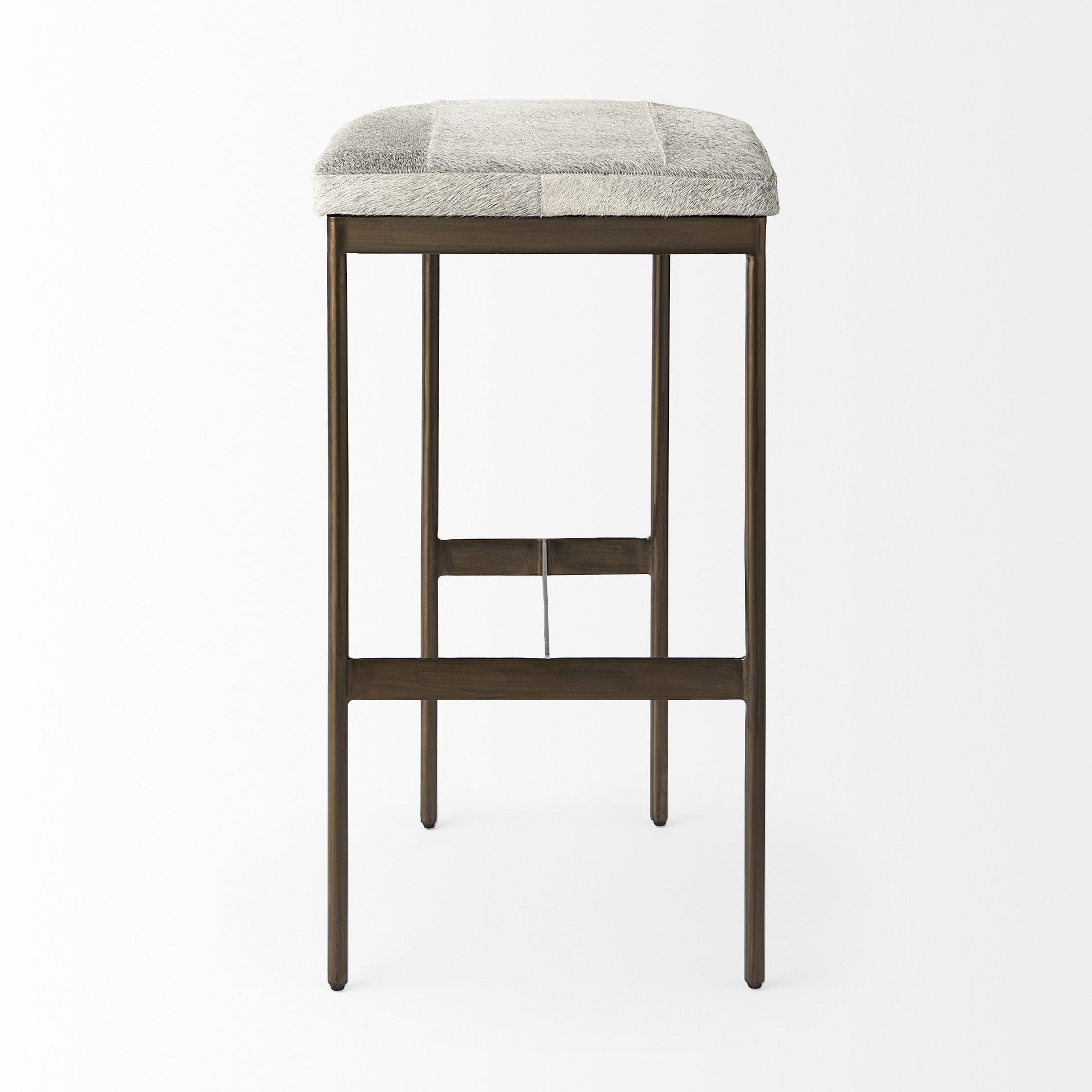 35" Gray And Gold Leather And Hair on Hide Leather And Metal Backless Counter Height Bar Chair