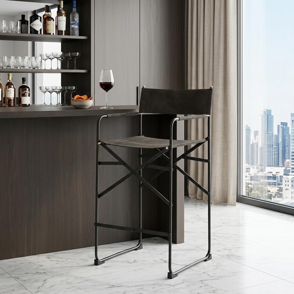 26" Brown And Black Leather And Metal Bar Chair