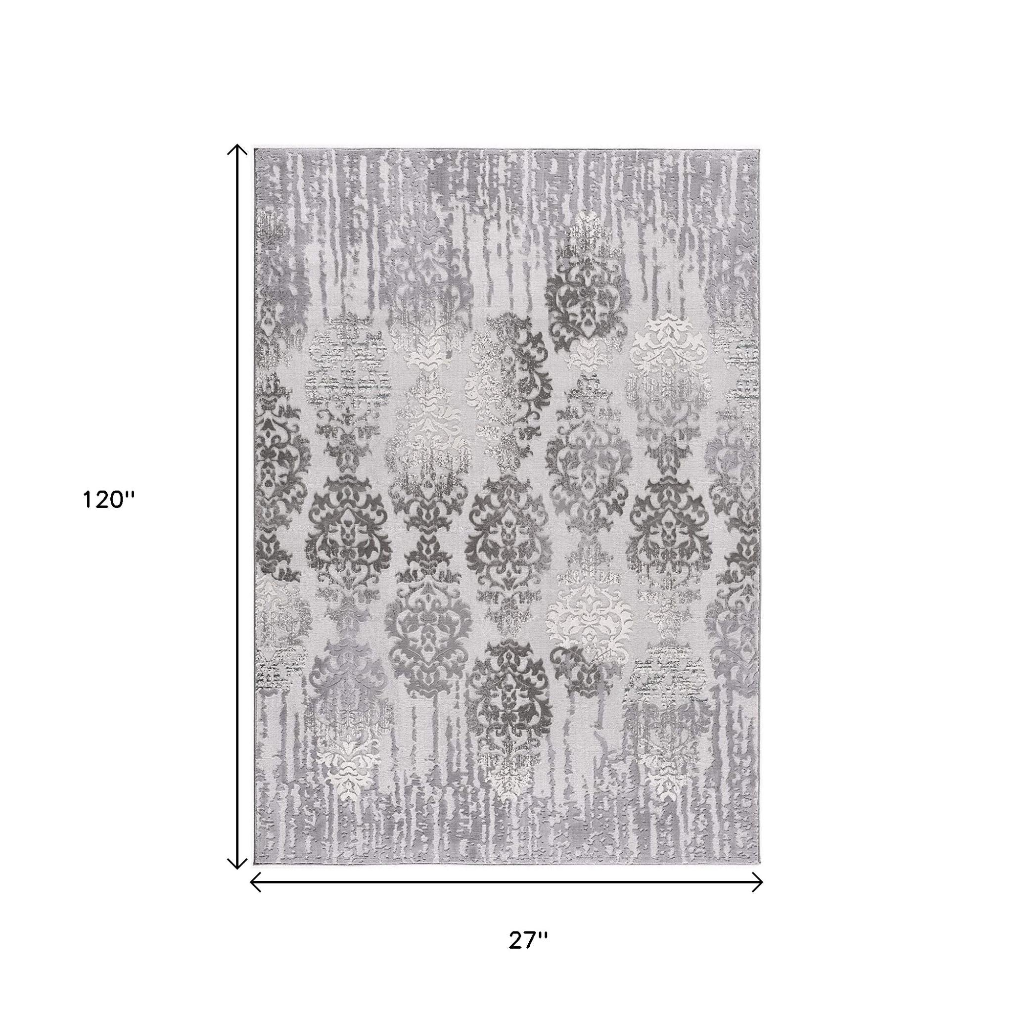 10' Gray Damask Power Loom Runner Rug